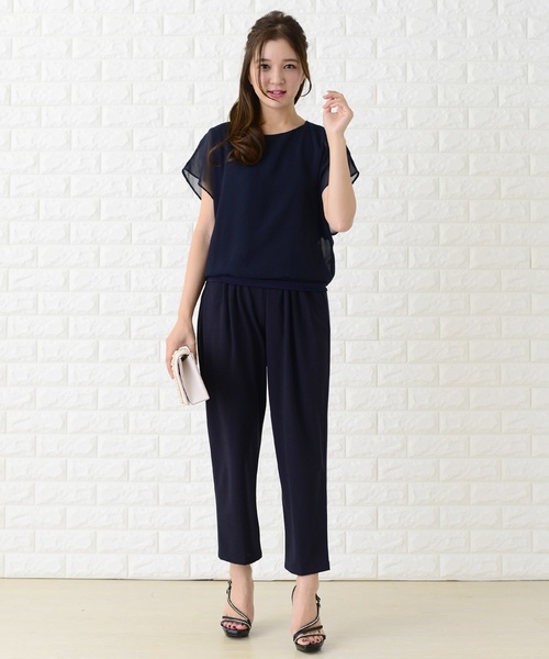 Lace Ladies パンツドレス シフォンフリル袖クルーネック