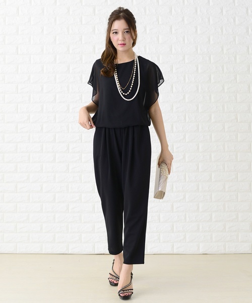 Lace Ladies パンツドレス シフォンフリル袖クルーネック