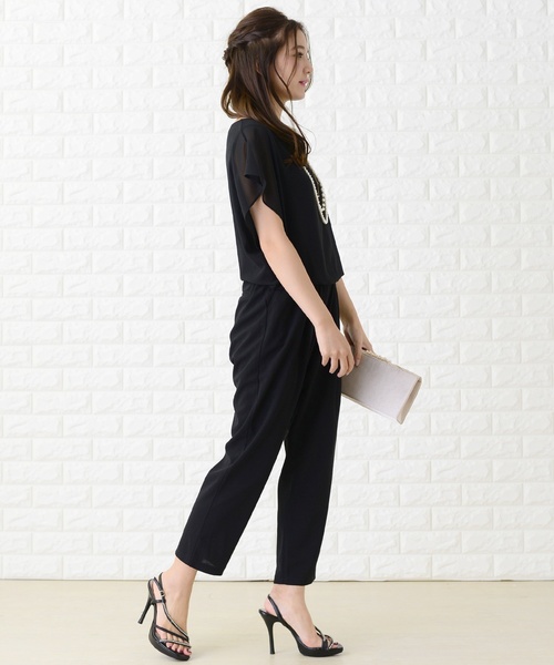 Lace Ladies パンツドレス シフォンフリル袖クルーネック