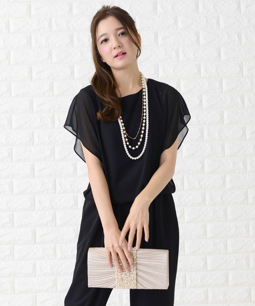 Lace Ladies パンツドレス シフォンフリル袖クルーネック