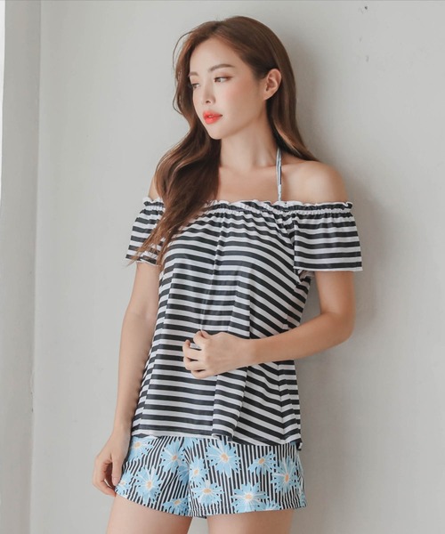 Lace Ladies 水着 ボーダーカバーアップ付花柄ビキニ4点セット