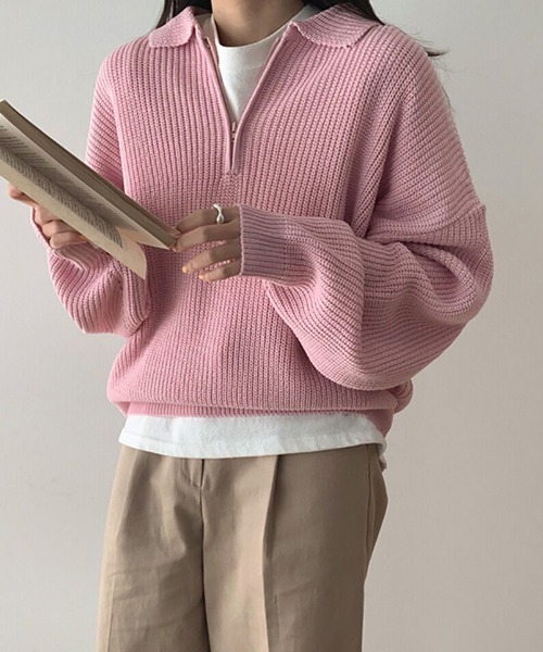 PEARLY'S ピンク フルジップセーター by muni:r ニット セーター デイリールーズフィットカラーハーフジップ