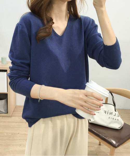 Y'sワイズ 薄手のシンプルニット BLANC FICELLE ニット セーター 薄手 ニット Vネック レディース