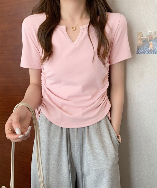 MAISON DE THERESE tシャツ サイドシャーリング ネックVカット