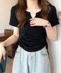 tシャツ 半袖 サイドシャーリング ネックVカ...の詳細画像1