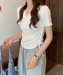 tシャツ 半袖 サイドシャーリング ネックVカ...の詳細画像5