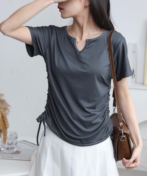 MAISON DE THERESE tシャツ サイドシャーリング ネックVカット
