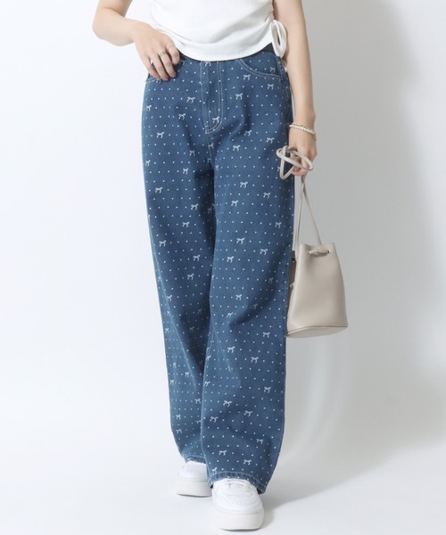 ジーンズ デニム デニムパンツ リボンドット柄 ワイドストレートデニム