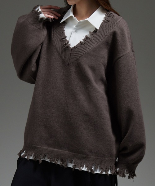cussil ダブルサスペンダーハカマパンツ Vネックダメージニット セット cussil（クシル） セーター ニット 「cussil/クシル」プレーティング
