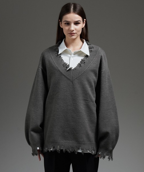 ARTISAN - ARTISAN(アルチザン) 七分袖セーター サイズ9 M レディース - グレー×黒×ダークグレー Vネック/カシミヤ混/チェック柄 シアー透かし編みニット プルオーバー（5936KK03