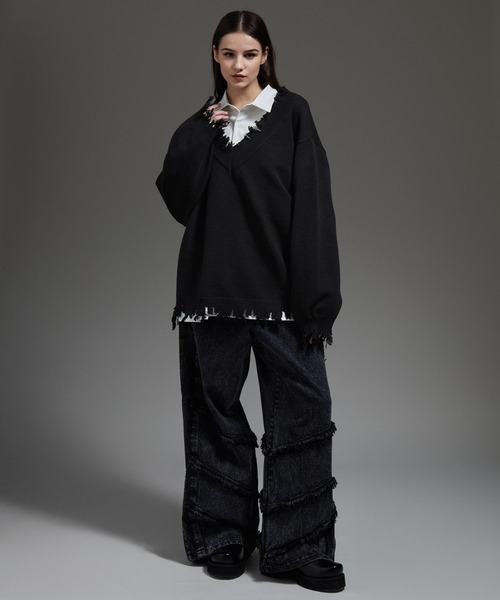 cussi/クシル ダブルジャガードルーズシルエットVネックダメージニット S cussil（クシル）の「【cussil/クシル】プレーティング天竺