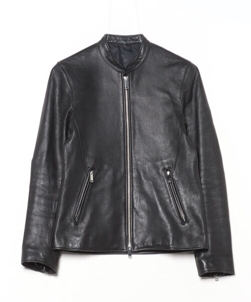 美品✨STUDIOUS ノーカラー レザージャケット ライダース 牛革 黒 M STUDIOUS（ステュディオス） レザーブルゾン 1 ブラック メンズ