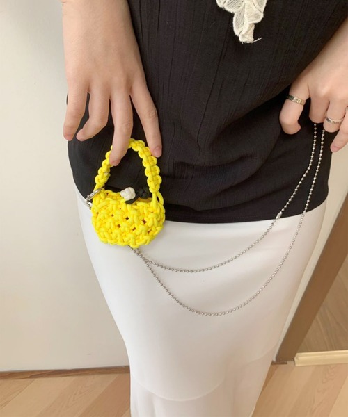 売約鍵編みバック　クロシェバック　エコバック　黄色　イエロー マルシェバッグ 【 イエロー × グレー 】バイカラー ニット