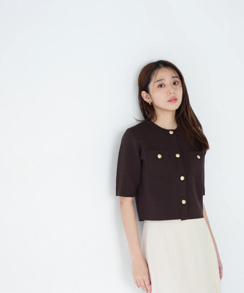 カーディガン エンブレムボタンニットジャケット半袖 レディース NATURAL BEAUTY BASIC カーディガン エンブレムボタンニット