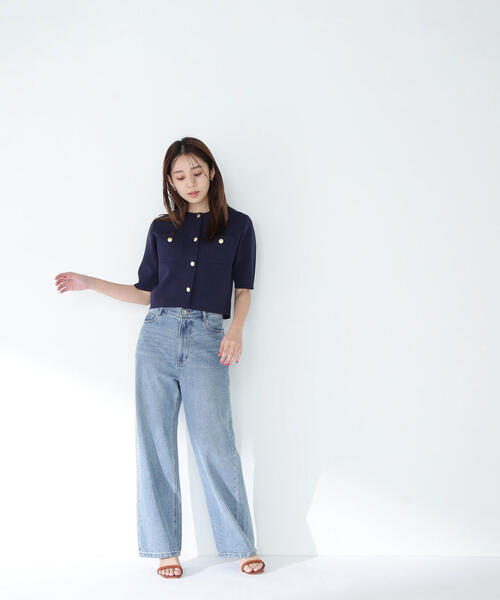 エンブレムボタンニットジャケット半袖　ネイビー エンブレムボタンニットジャケット半袖 | NATURAL BEAUTY BASIC
