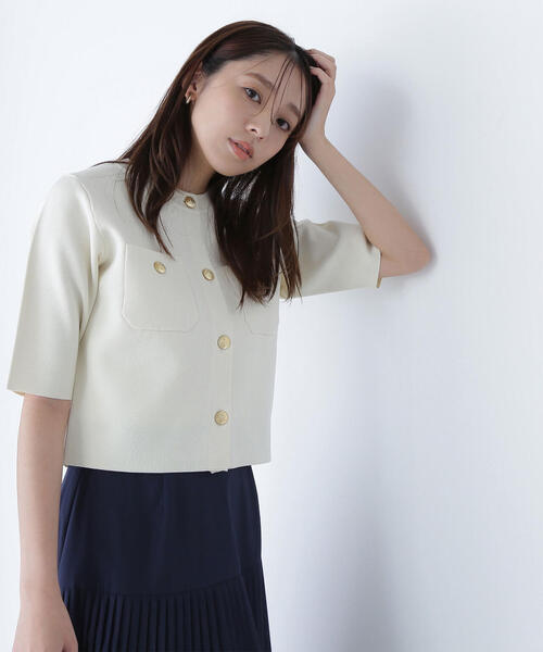 エンブレムボタンニットジャケット半袖　ネイビー NATURAL BEAUTY BASIC カーディガン エンブレムボタンニット