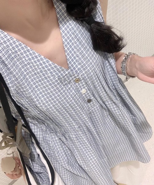 ギンガムチェックノースリギャザーチュニックトップス レディース SPIGA ギンガムチェックノースリギャザーチュニックトップス