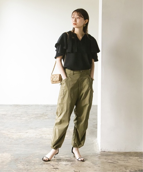 【NOBLE】新品♡ 洗える ケープスリーブブラウス/カーキ/フリー NOBLE ブラウス シャツ 「洗える」スクエアケープスリーブ