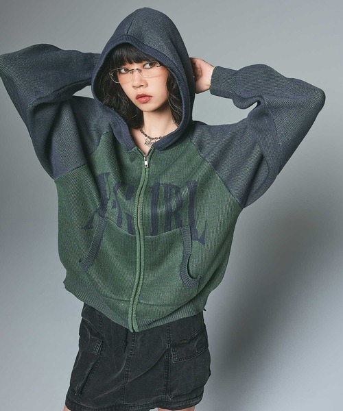 X-girl ニット セーター LOGO JACQUARD ZIP UP KNIT HOODIE