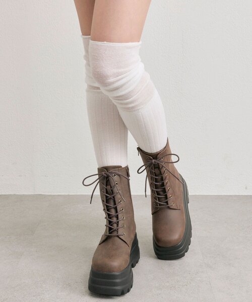 OLIVE des OLIVE ブラウン　厚底　シューズ リブニット　ブーツ OLIVE des OLIVE（オリーブデオリーブ） ブーツ レースアップ厚底