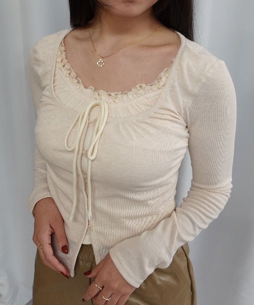 Lots of Love tシャツ フロントリボンレイヤードフリルトップス