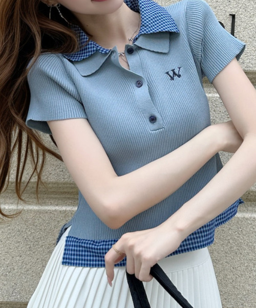Ada. tシャツ 半袖 チェックレイヤードデザイン ポロシャツ レディース