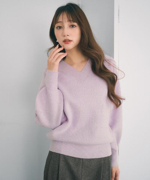 index（インデックス） ニット セーター 片畦Vネックボクシーパフ