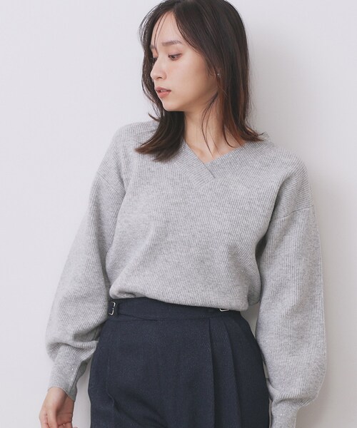 index（インデックス） ニット セーター 片畦Vネックボクシーパフ