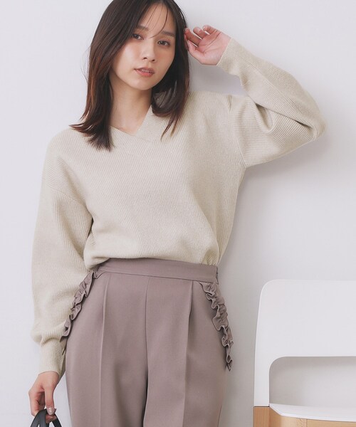 yページです index（インデックス） ニット セーター 片畦Vネックボクシーパフ