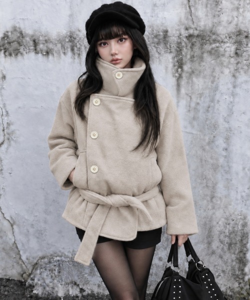 Aelina ピーコート pコート スタンドカラーダブルブレストメルトン
