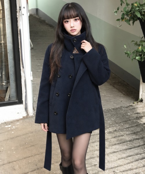 Aelina ピーコート pコート スタンドカラーダブルブレストメルトン