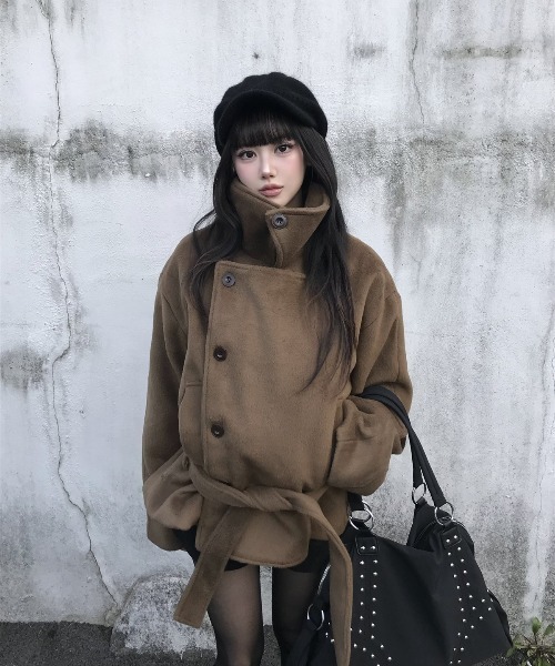 Aelina ピーコート pコート スタンドカラーダブルブレストメルトン