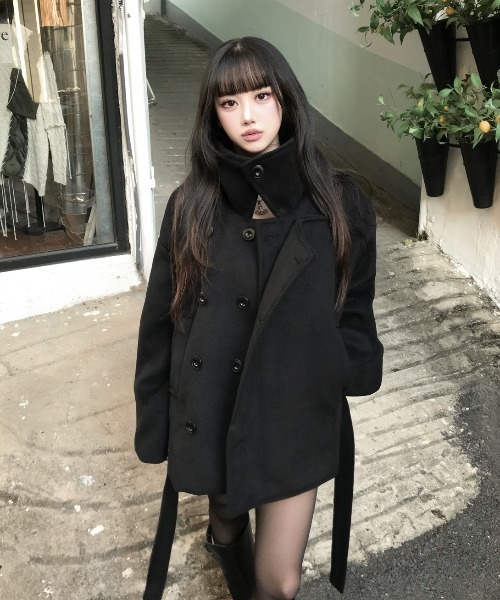 Aelina ピーコート pコート スタンドカラーダブルブレストメルトン