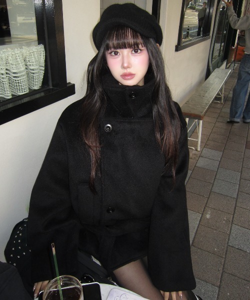 Aelina ピーコート pコート スタンドカラーダブルブレストメルトン