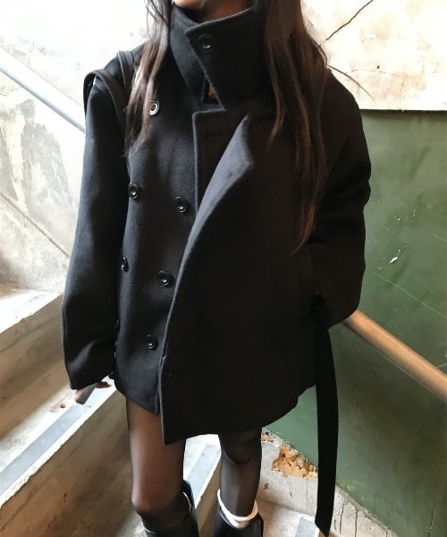 Aelina ピーコート pコート スタンドカラーダブルブレストメルトン