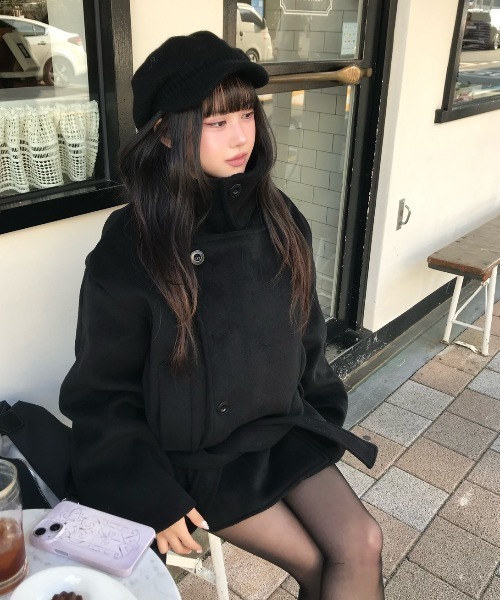 Aelina スタンドカラーダブルブレストメルトンコート　ピーコート Aelina ピーコート pコート スタンドカラーダブルブレストメルトン
