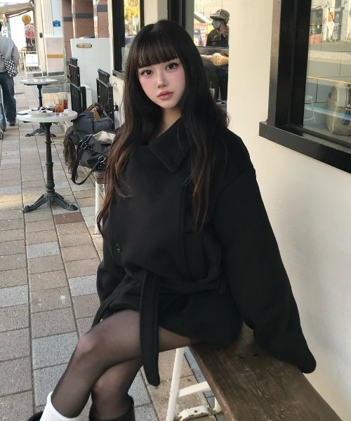 Aelina ピーコート pコート スタンドカラーダブルブレストメルトン