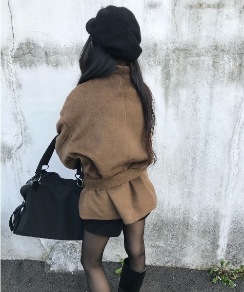Aelina ピーコート pコート スタンドカラーダブルブレストメルトン