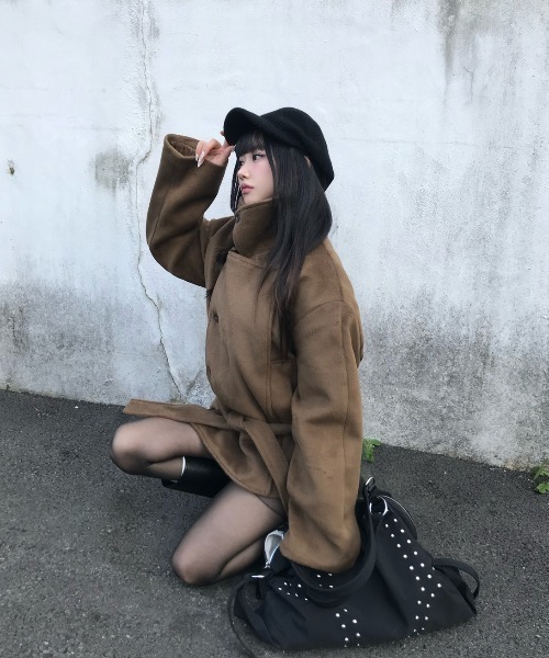 Aelina ピーコート pコート スタンドカラーダブルブレストメルトン