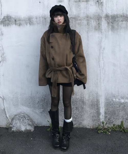 Aelina ピーコート pコート スタンドカラーダブルブレストメルトン
