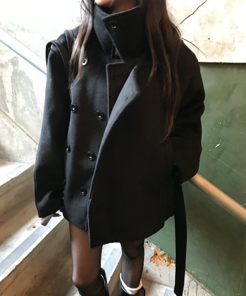 Aelina ピーコート pコート スタンドカラーダブルブレストメルトン