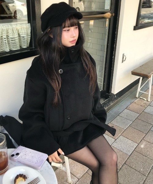 Aelina ピーコート pコート スタンドカラーダブルブレストメルトン