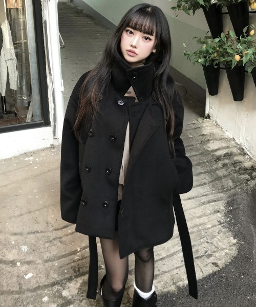 Aelina ピーコート pコート スタンドカラーダブルブレストメルトン