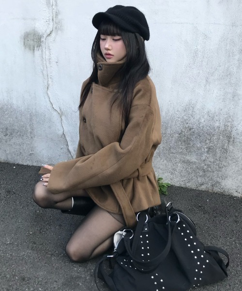 Aelina ピーコート pコート スタンドカラーダブルブレストメルトン