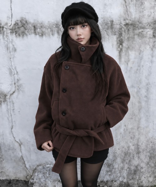 Aelina ピーコート pコート スタンドカラーダブルブレストメルトン