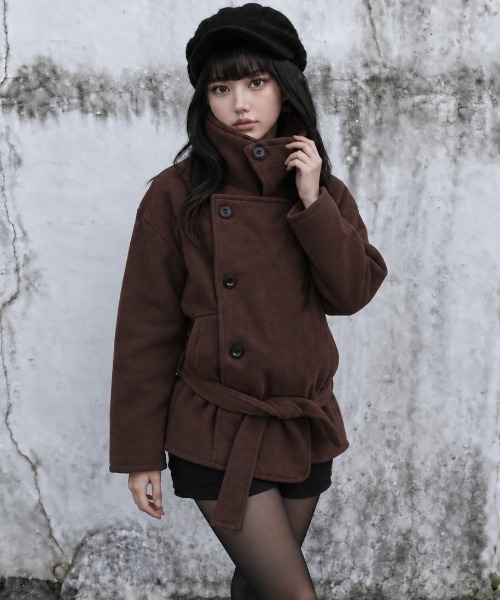 Aelina ピーコート pコート スタンドカラーダブルブレストメルトン