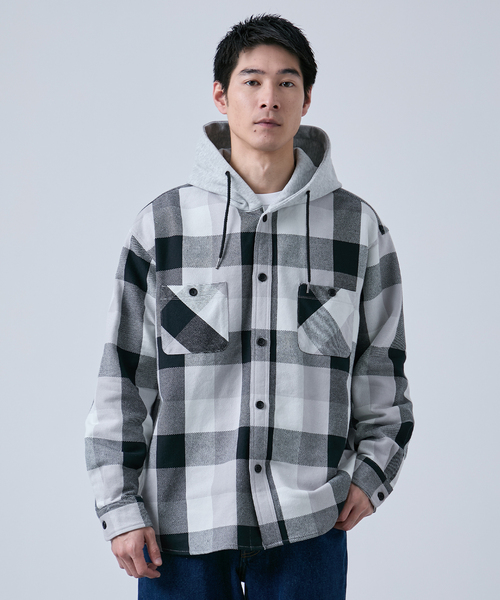 値下げ　BUDO グレー チェック柄 シャツ B.C STOCK（ベーセーストック） シャツ ビックチェック柄 フード