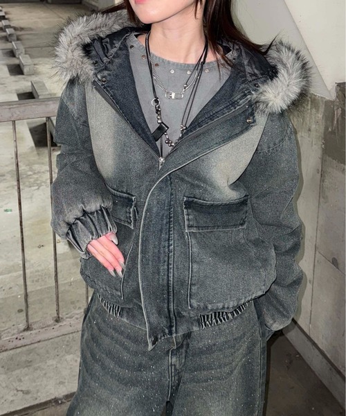 コート ジャケット フェイクファーフードグリッターデニムブルゾン