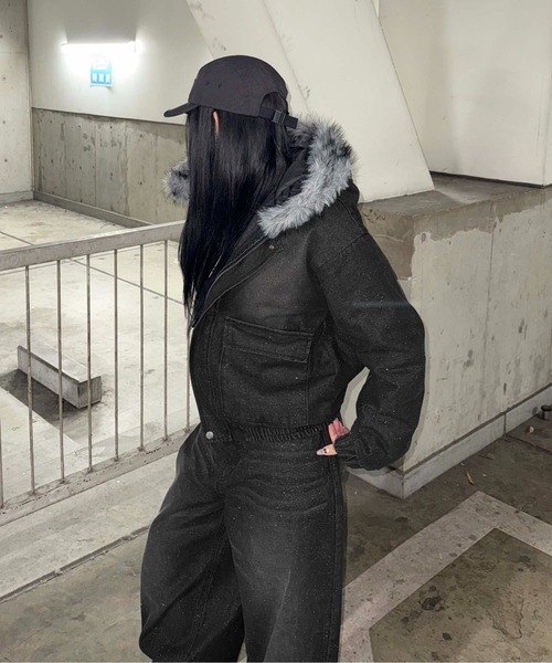 コート ジャケット フェイクファーフードグリッターデニムブルゾン