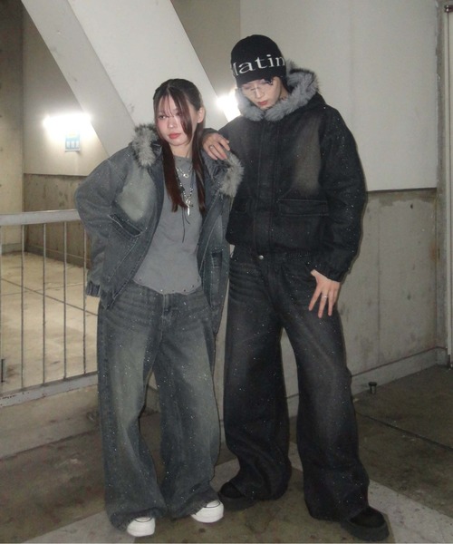 コート ジャケット フェイクファーフードグリッターデニムブルゾン